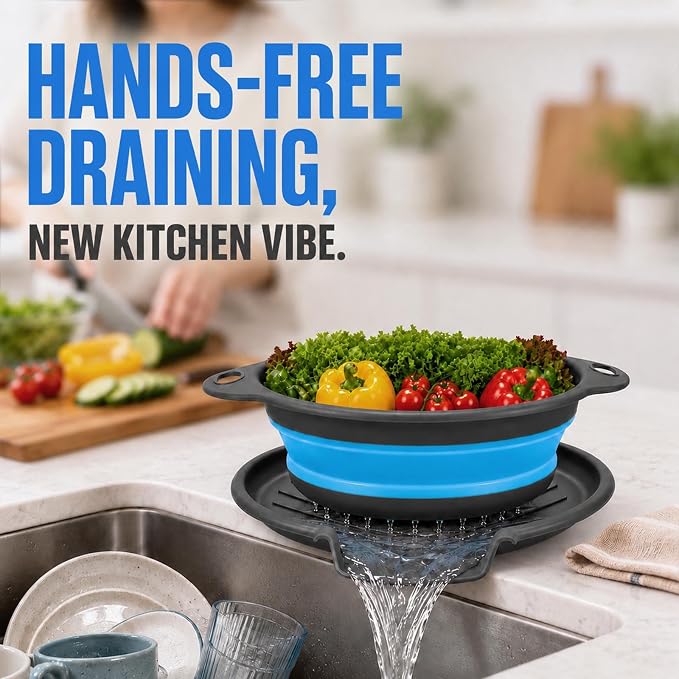 2 Collapsible Colanders with Self-Draining Tray(Blue) | 11.6 & 13.4 in baskets; 12.8 in grooved tray; folds to 2.1 in; for pasta, rice, fruit and vegetables