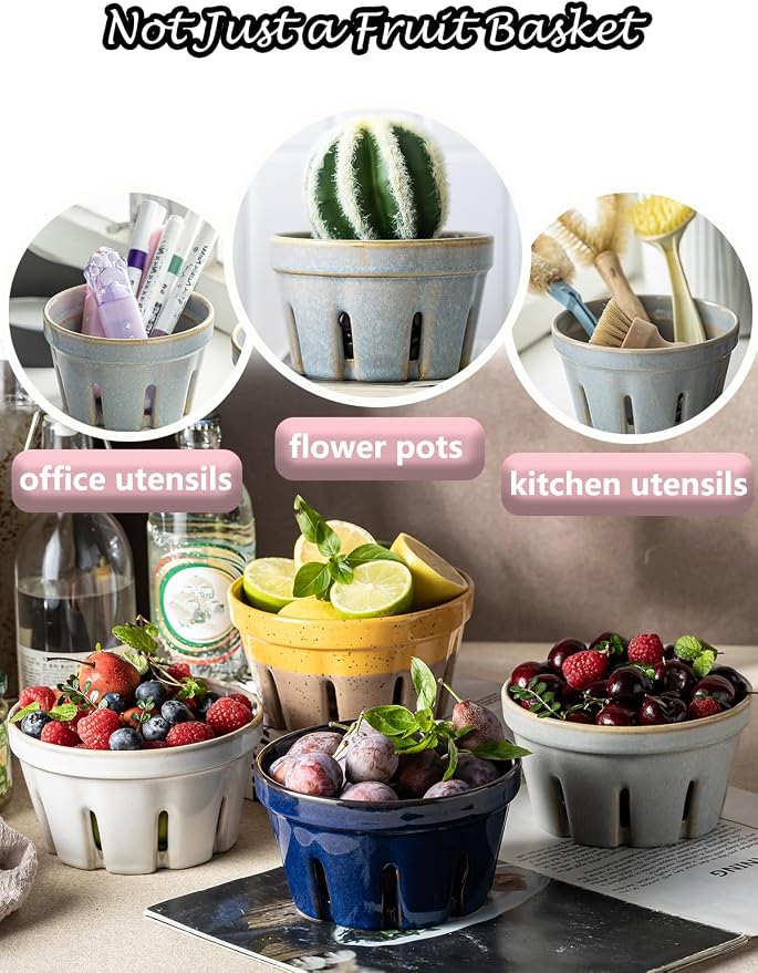 Gomakren Ceramic Berry Bowl Set of 2, Fruit Containers for Fridge, Gray | Drain Holes Keep Berries Fresh, Stackable, Wash & Serve | 5.8In Round Strawberry Grape Cherry Basket, Farmhouse Kitchen Decor
