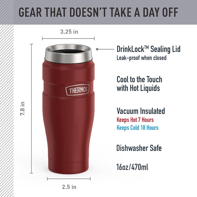 THERMOS Stainless King Stainless Steel Tumbler, 16oz, Rustic Red | Vacuum-Insulated Coffee Tumbler for Hot & Cold Drinks, For Commuting & Traveling