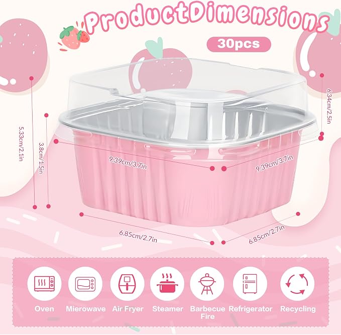 30Pack 5oz Pink Mini Cake Pans with Lids Baking Cups Aluminum Foil Pans Tins, Individual Dessert Cups Containers for Sales,Party,Picnics