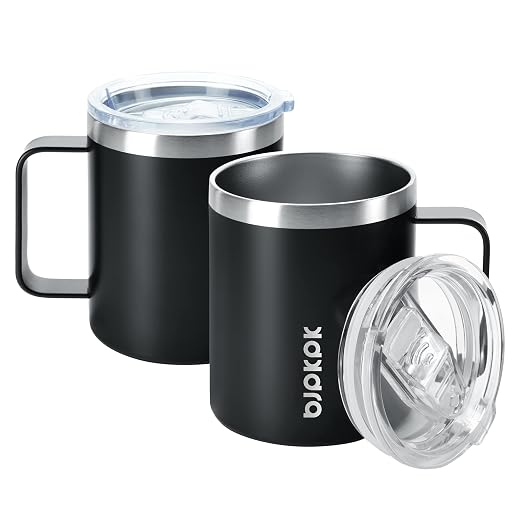 BJPKPK 2PCS Insulated Coffee Mug with Lid, 14oz Stainless Steel Tumbler | Travel Coffee Mug with Handle, Vacuum Insulated Tumbler Cup for Camping, Office, Home, BPA Free Lid, Hot & Cold