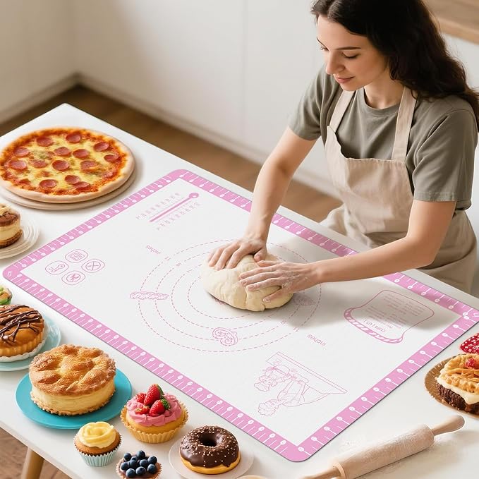 Non Slip Silicone Baking Mat With 10 Useful Recipes, Non Stick Dough Mat for Rolling Out, Silicone Mat for Baking,Cookie, Macaron, Pizza, Surdough, Extra Large and Oven Safe