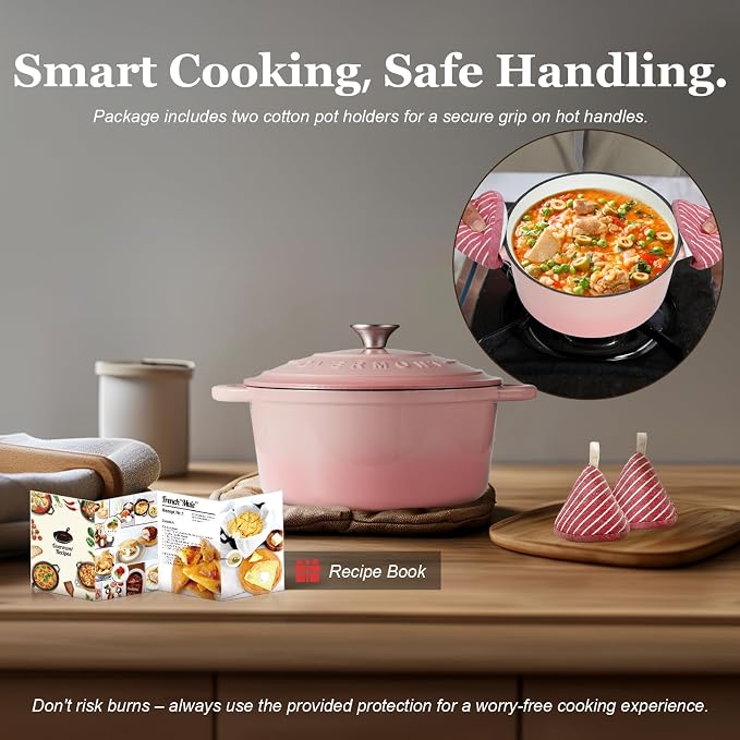 Overmont Enameled Cast Iron Dutch Oven - 4.5QT Pot with Lid Cookbook & Cotton Potholders - Heavy-Duty Cookware for Braising, Stews, Roasting, Sourdough Baking pink