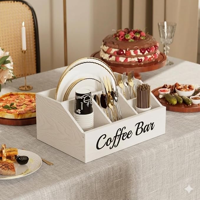 2 Pack Coffee Station Organizer for Countertop – Wooden Coffee Bar Organizer with Adjustable Dividers,Holds K Cup Pod & syrup bottles, for Kitchen, Office, or Bar and Tea Station, White