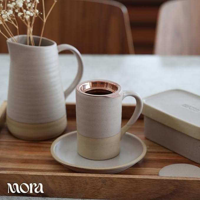 Mora Ceramics Tea Cup with Loose Leaf Infuser, Spoon and Lid, 12 oz, Microwave and Dishwasher Safe Coffee Mug - Rustic Matte Ceramic Glaze, Modern Herbal Tea Strainer - Great Gift for Women, Mushroom