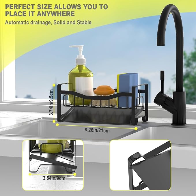 Stainless Steel Kitchen Sink Caddy Organizer with Auto Drain Tray, Sponge Holder for Countertop Storage