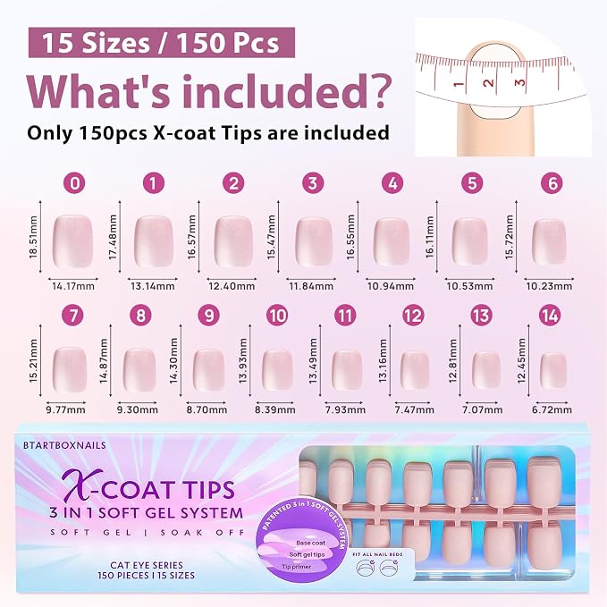 BTArtboxnails XCOATTIPS Cat Eye Press On Nails, Short Square, Bling Baby | Lamp-Curable 4-Week Wear, Salon Quality Value at Home, Natural Nail Look, Easy-to-Apply for Beginners, 150ct Nail Tips Only