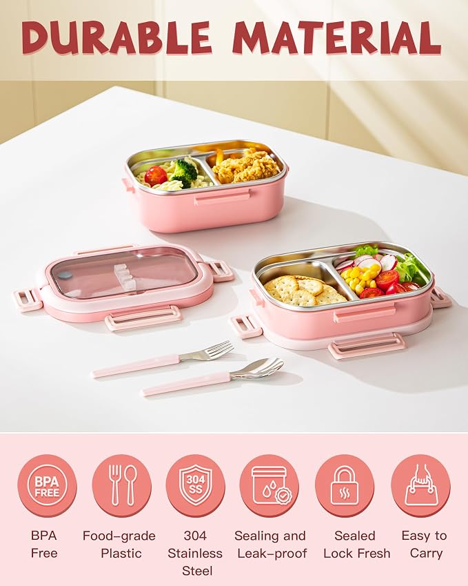 Lille Home Stackable Stainless Steel Bento Lunch Box + Insert Cutlery, 56oz | 2 Tier Leakproof Metal Lunch Boxes, 4-Compartment Food Containers for Work, Picnic, Meal Prep & Portion Control (Pink)