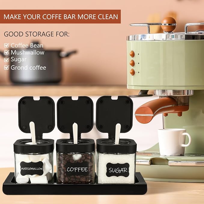 3 Pcs Glass Coffee Containers Coffee Station Organizer Set, Airtight Bean Storage Jars with Shelf,labels,spoon, Base and Pen,for Sugar, Candy, Oats, Nuts(Black)