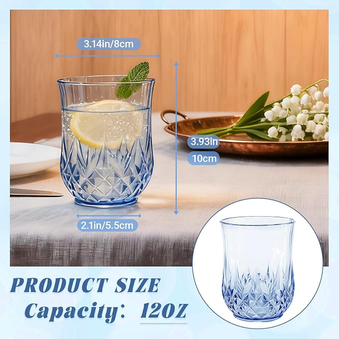24 Pack Plastic Stemless Wine Glasses, 12oz Unbreakable Wine Cups | Reusable Fancy Vintage Drinking Glass Bulk for Cocktail, Whiskey, Juice, Elegant Decor for Wedding, Party & Holiday Events