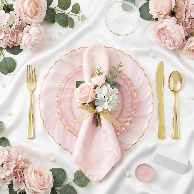 YOUBET 125Pieces Clear Pink Plastic Plates with Gold Rim - Gold Plastic Silverware Include 25 Dinner Plates 25 Dessert Plates 75 Golden Silverwares for Wedding Birthday & Parties Easter Mothers Day | Pink Plastic Dinnerware Set Include 25 Dinner Plates...