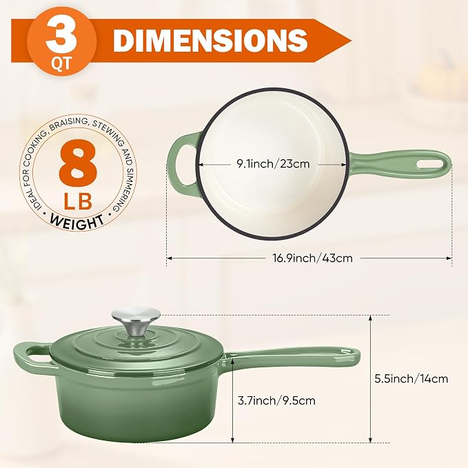 Homikit 3 Quart Saucepan with Lid, Enameled Cast Iron Sauce Pan Cooking Pot for Soup, Milk, Pasta, Nonstick Enamel Dutch Oven for All Cooktops, Heat Resistant Up to 500°F, Sage Green