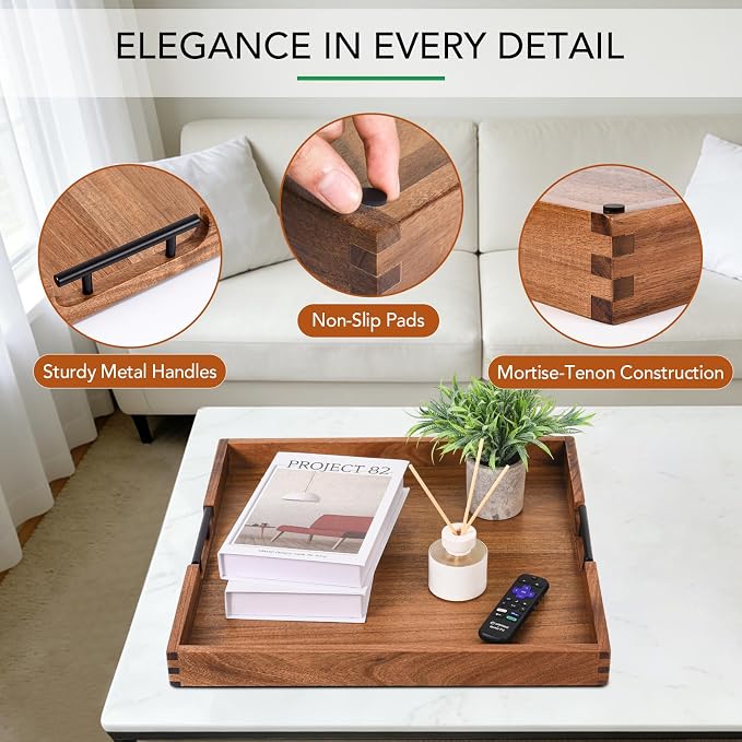 Joy&Grace Acacia Wood Ottoman Tray with Handles 20" x 20" | Large Acacia Wooden Serving Tray for Coffee Table Living Room, Breakfast in Bed, Food Dinner, Kitchen, Couch (Color Natural)