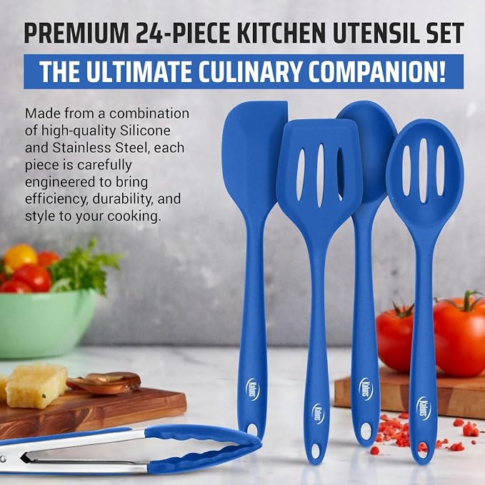 Kaluns Silicone Kitchen Utensils Set 24 Pcs Cooking Utensils Set - Can Opener, Masher, Turner, Spatula 446°F Heat Resistant Non-Stick - Premium Silicone and Stainless Steel Utensil Set