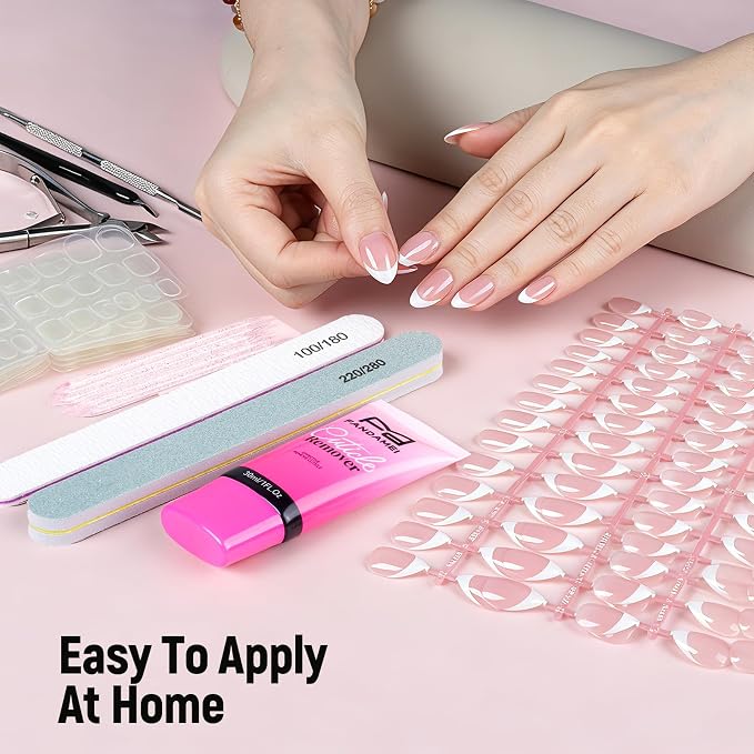 FANDAMEI French Tip Press On Nails, French Tip Nails, With Nail Prep Kit | Medium Almond Full Cover, With Cuticle Remover, Beginner-friendly, 120PCS Press On Nails French Tip, For DIY Nails At Home