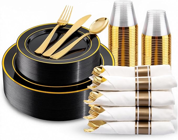 175PCS Black and Gold Plates - Black Disposable Plates for Party - 25Guests Disposable Dinnerware Set for Wedding/Party/Birthday/Halloween