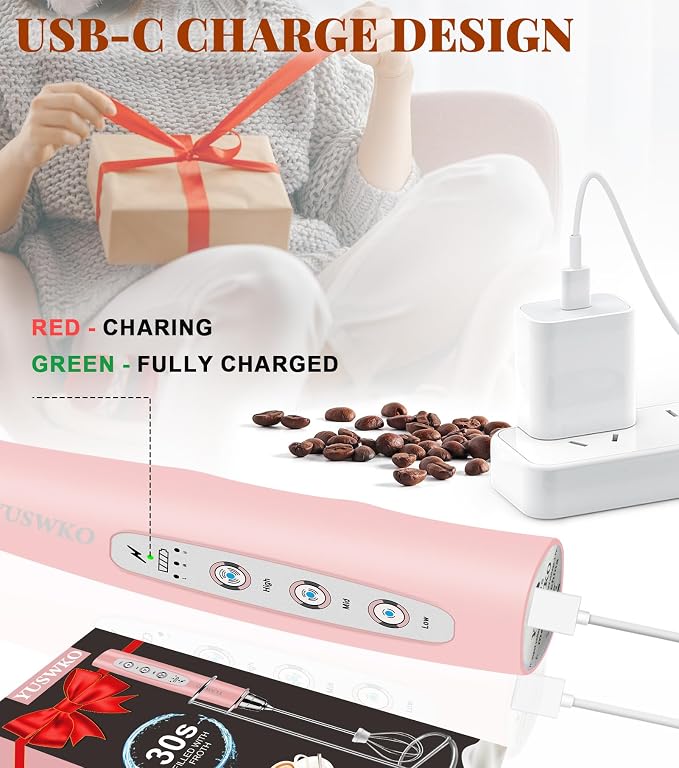 YUSWKO Handheld Milk Frother Wand for Coffee, Rechargeable Electric Whisk with 3 Heads 3 Speeds Drink Mixer Coffee Frother For Latte, Cappuccino, Hot Chocolate, Egg, Pink with Holder