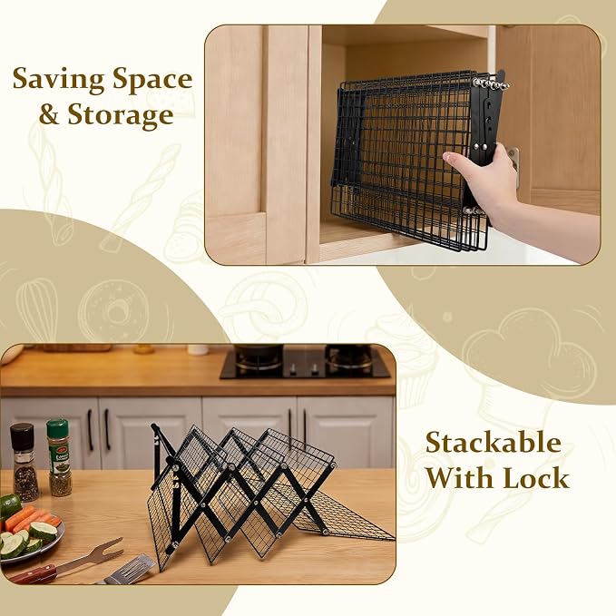 4 Tier Cooling Rack, Adjustable Collapsible Stainless Steel Baking Rack | Tight-Mesh X-Frame Stand for Cookies, Bread, Cakes, Pastries and Meal Prep