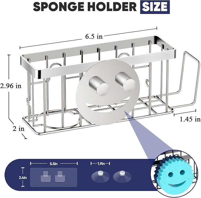 MURLONG Sponge Holder for Kitchen Sink,Sink Caddy Smiley Face,4-in-1 Sponge Holder with Suction Cups & 1 PCS Adhesive Strips for Holding Soap,Brush,Scrubber,Sponge,Stopper-Silver
