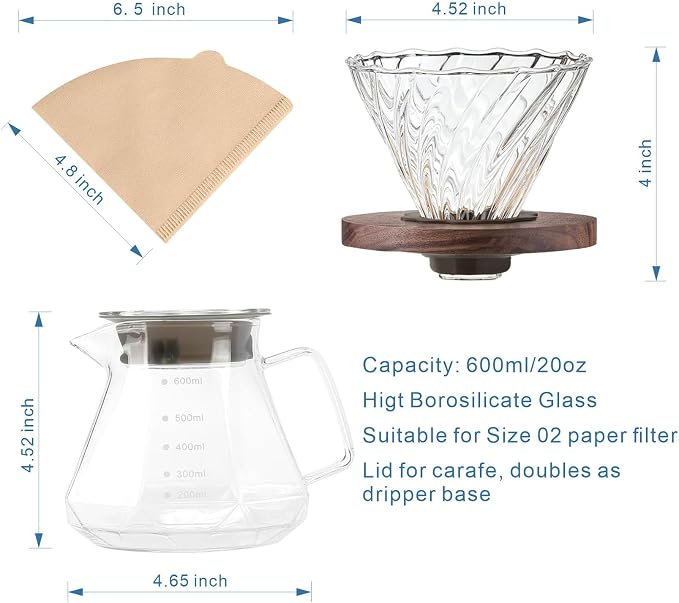 BeeCa Manual pour over coffee maker, Heat Resistant Glass | 20Oz+50 Filters 1-4 Cup, No plastic taste, Crystal clear glass, Dishwasher safe, Borosilicate glass