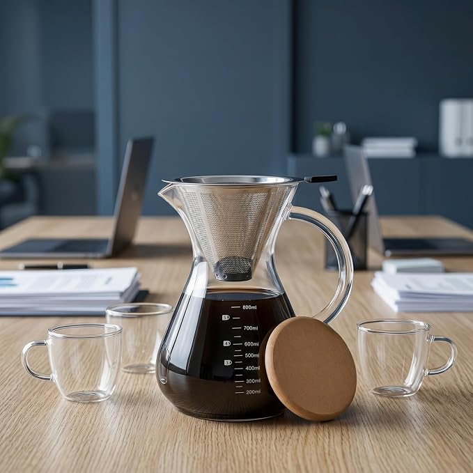 Pour Over Coffee Maker Set with Reusable Stainless Filter 27 fl oz, Heat-Resistant Borosilicate Glass Paperless Pour Over Coffee Dripper with coaster for Home Daily coffee