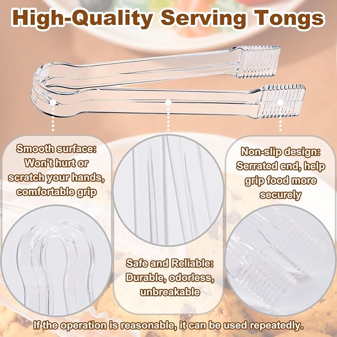 10Pcs Clear Plastic Serving Tongs, 6.3 Inches Small Disposable | Mini Plastic Tongs for Food, Party, Buffet, Salad, Appetizer, Ice, Candy, Catering, Fruit, Easy to Hold and Clean