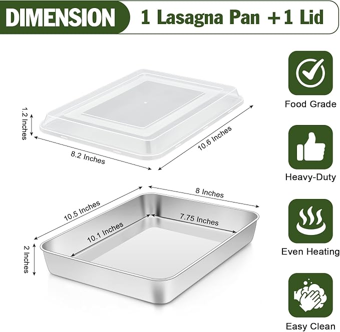 TeamFar Baking Pan with Lid, 10.5" x 8" Rectangule Cake Pan- 1Pan +1 Lid | Stainless Steel Lasagna Pan with Cover for Cake Brownie Casseroles, Birthday Party Outdoor, Healthy, Oven & Dishwasher Safe