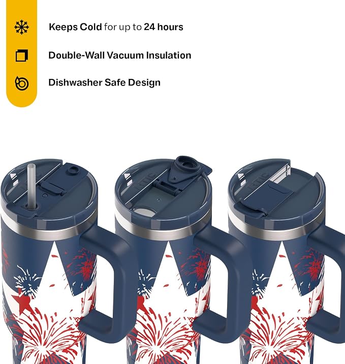 RTIC 30 oz Road Trip Tumbler Double-Walled Ceramic Lined InsulatedStainless Steel Portable Travel Coffee Mug Cup with Lid, Handle and Straw, Fireworks