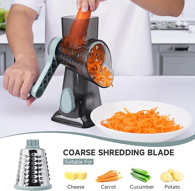 3 in 1 Rotary Cheese Grater Hand Crank with Strong Suction Base | Cheese Shredder with 3 Detachable Blades, Slices, Chops & Shreds Veggies & Nuts, Dishwasher Safe, GreyBlue