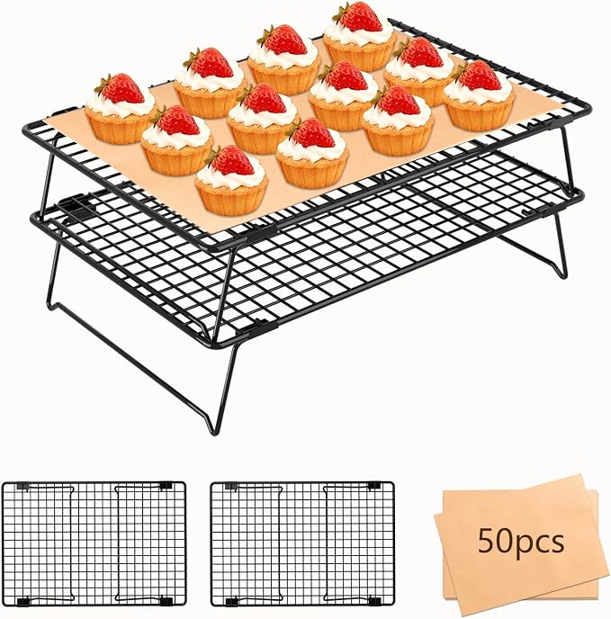 2-Tier Baking Cooling Rack with Legs, 13"x 9" w/50 Parchment Paper | Stackable Cooling Racks for Baking, Collapsible Wire Rack for Cooling Cookies, Cakes, Bread, Pizza, Dishwasher Safe