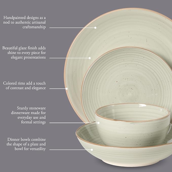 Gibson Home Stonebury 16 Piece Plates and Bowls Cream Grey Dishes - Handpainted Stoneware Dinnerware Set - Service for 4