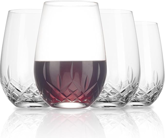 SHOSHIN Stemless Wine Glasses Set of 4, Hand Cut Crystal Wine Glasses, 18 oz Lead-Free Crystal Drinking Glasses with Gift Box, Elegant Glassware for Red Wine, White Wine, Cocktails, Wedding Gifts