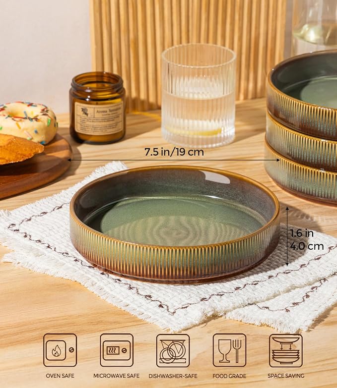 7.5" Ceramic Pasta Bowls Set of 4, Salad Bowls | Versatile Serving Bowls for Pasta, Salad, Fruit & Noodles, Housewarming & Wedding Gift, Sage Umber