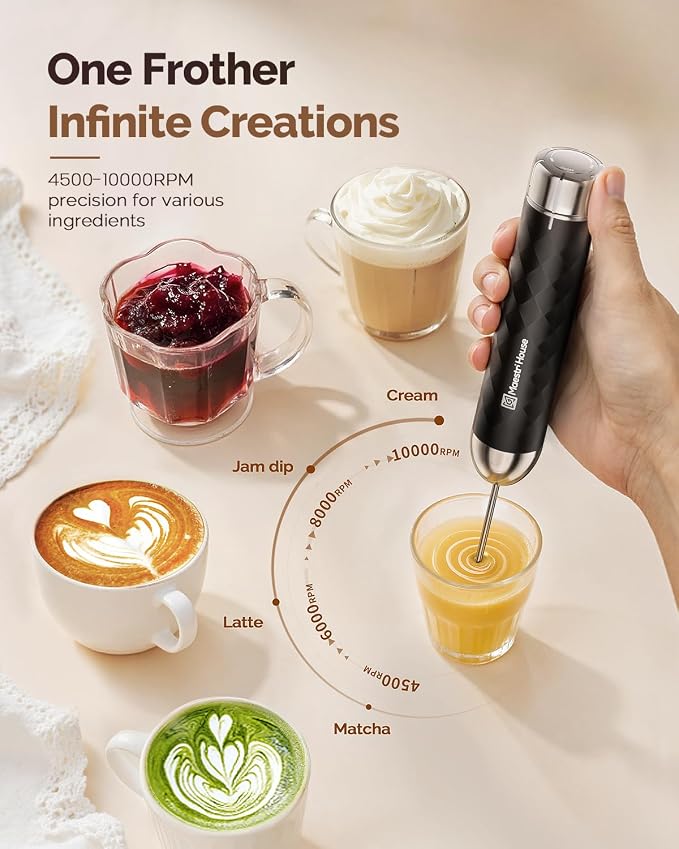 Maestri House LunaFro 2.0 Rechargeable Milk Frother, Stepless Speed Control | 1200mAh lithium battery Frother Handheld, IPX4, Stand & 2 Detachable Whisk for Lattes, Cappuccino, Matcha & Protein powder