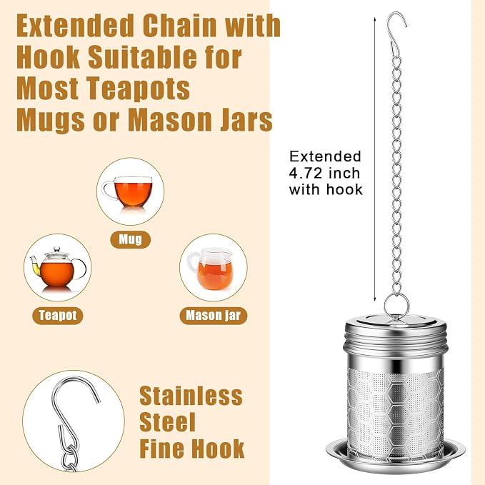 4 Pcs Tea Infuser Strainers for Loose Tea with Scoop, Extra Fine Mesh Steeper 304 Stainless Steel Diffuser Leaf Holder with Extended Chain Hook for Brew, Spices, Seasoning, Silver