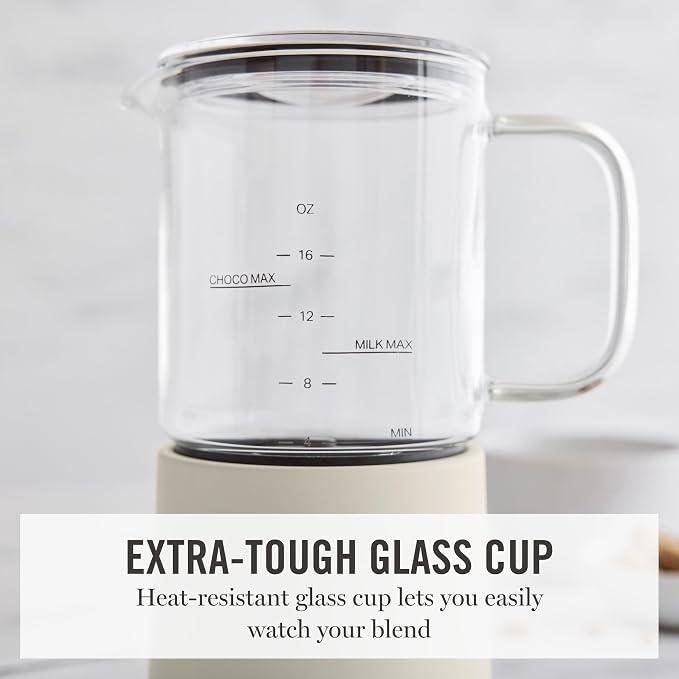 Martha Stewart 10oz Milk Frother & Steamer, 4 Presets, 300ml Glass Pitcher | Light, Dense, Cold Foam & Hot Chocolate, Ready in 90 Seconds, Cordless Pouring, Runs Quiet, Almond, Soy & Oat Milk, Linen
