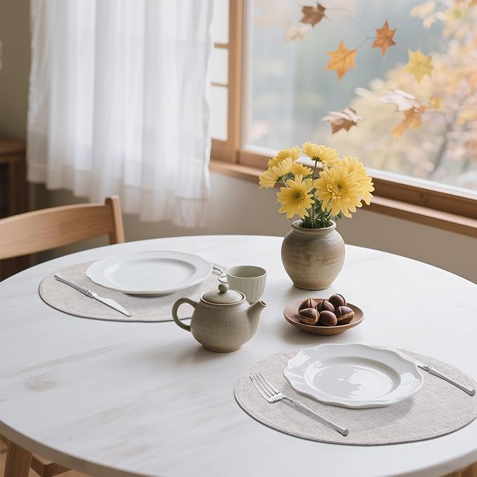 Cotton Linen 15 Inch Round Cloth Place mats, Set of 6, Beige | Washable Table Mats, Heat Resistant, Reversible, Wipeable Place Mats for Indoor Outdoor