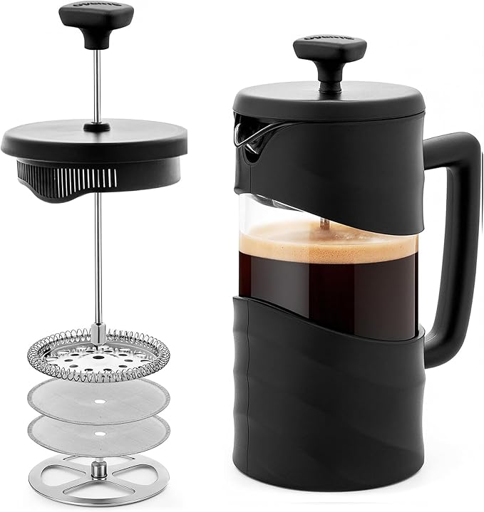 OVENTE 12oz French Press Coffee Maker with 4-Level Filtration, Black FPW12B | Heat-Resistant Borosilicate Glass Cafetiere, Dishwasher Safe Stainless Steel Filter, Compact Cold Brew for Travel and Camping