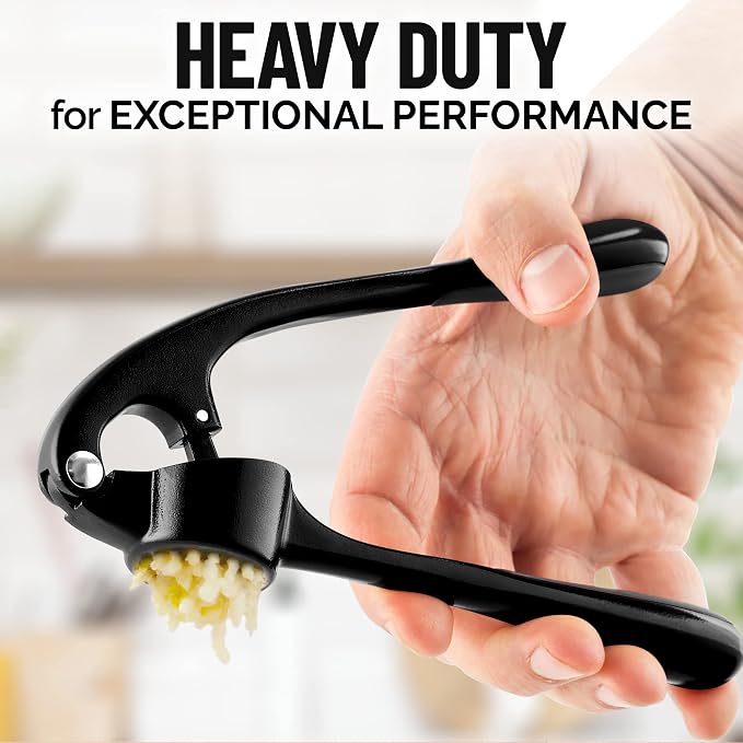 Zulay Kitchen Premium Garlic Press Set - Rust Proof Professional Garlic Mincer Tool - Easy-Squeeze, Easy-Clean with Soft, Ergonomic Handle - Silicone Garlic Peeler & Brush (Black)