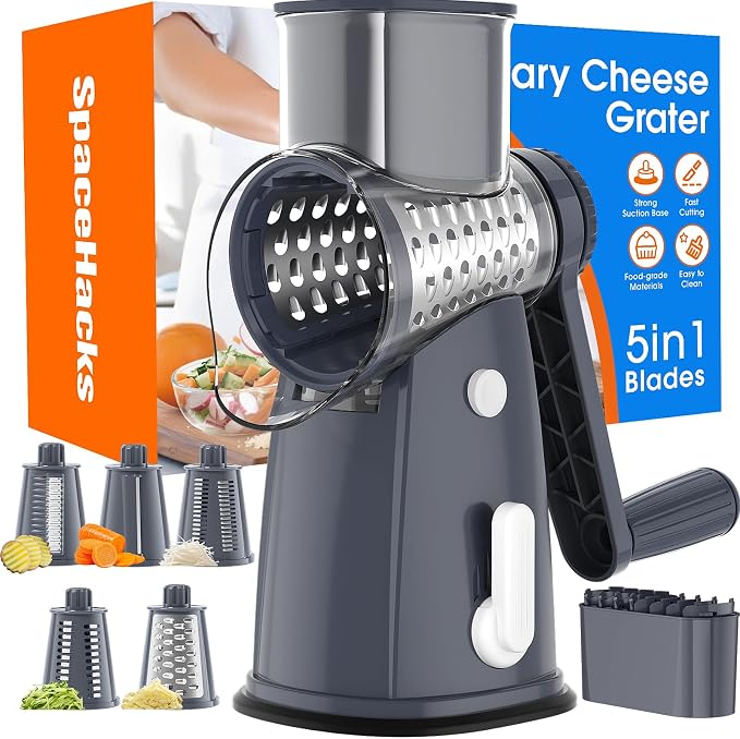 Rotary Cheese Grater Hand Crank, 5-in-1 Vegetable Chopper Spiralizer Slicer | Shredder with 5 Interchangeable Blades for Vegetable, Cheese, Fruit, with Blades Storage Box & Stable Suction Base (Grey)