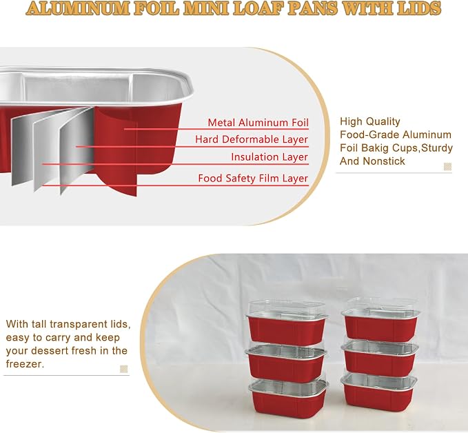 Mini Cake Pans With Lids And Spoons,5.5 oz Rectangle Mini individual Loaf Pans Disposable Aluminum Foil Small Baking Cups Tins (100, Red)