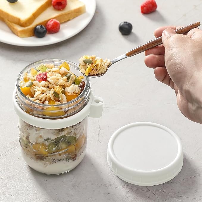 LANDNEOO 4 Pack Overnight Oats Containers with Lids and Spoons, 16 oz Glass Mason Jars with Airtight Lids, Overnight Oats Jars for Milk, Cereal, Fruit-White