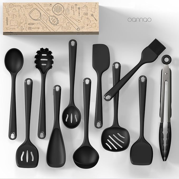 Silicone Kitchen Utensils Set,Utensils Sets for Cooking,Dishwasher Safe | Seamless Spatula Set,Nonstick Cookware, BPA-Free,Heat Resistant up to 600°F, House warming Gift,Black