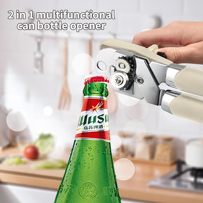 Safring Can Opener Manual, Handheld Strong Heavy Duty Stainless Steel Can Opener, Comfortable Handle, Sharp Blade Smooth Edge, Can Openers with Multifunctional Bottle Opener, Beige