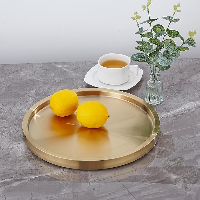 Stainless Steel Round Bar Serving Tray 12.5",Double Wall,Ideal Coffee Table, Decorative,Rotisserie Plate, Tea and Bathroom Serving,Gold