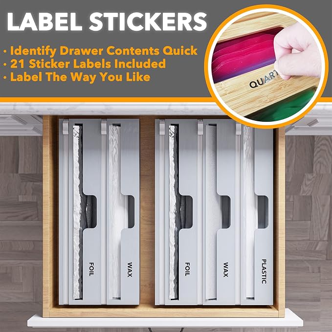 SpaceAid WrapNeat 3 in 1 Wrap Organizer with Cutter and Labels, Plastic Wrap, Aluminum Foil and Wax Bamboo Dispenser for Kitchen Storage Organization Holder for 12" Roll (Gray)