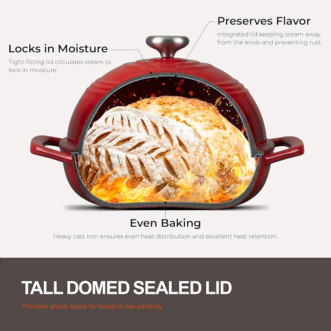 Overmont Enameled Cast Iron Dutch Oven, 6QT Bread Oven with Dome Lid Recipe | Tall Bread Pot with Potholders, for Sourdough Bread Baking Artisan Loaves, Crispy Crust & Better Oven Spring, 500°F Oven Safe