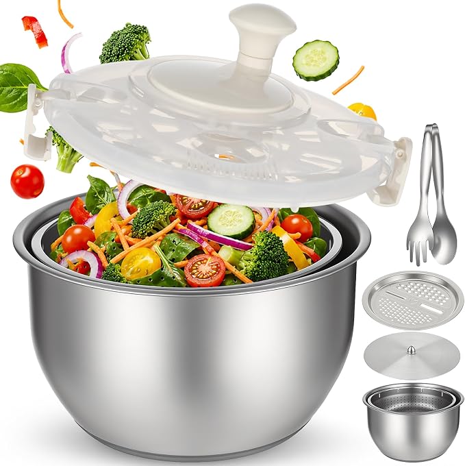 6L Stainless Steel Salad Spinner Set with Grater and Food Clip | Metal Salad Spinner, Fruit Vegetable Dryer with Built-in Drain Spout for Dehydrating Fruit and Vegetable, Pasta