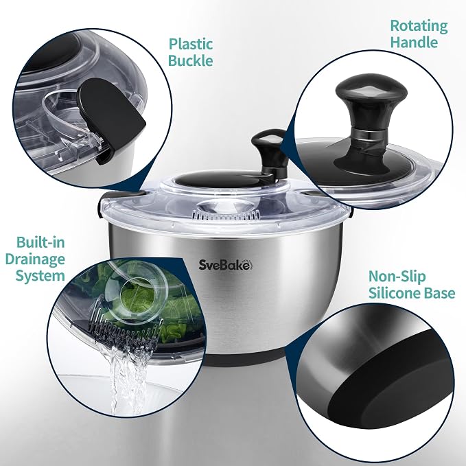 Stainless Steel Salad Spinner, 4.8 Qt Vegetable Washer, BPA-Free Lettuce Dryer with Crank Design, Easy Clean, Non-Slip Base - Transparent Lid