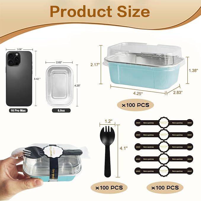 Mini Cake Pans With Lids And Spoons,5.5 oz Rectangle Mini individual Loaf Pans Disposable Aluminum Foil Small Baking Cups Tins (100, Wathet)